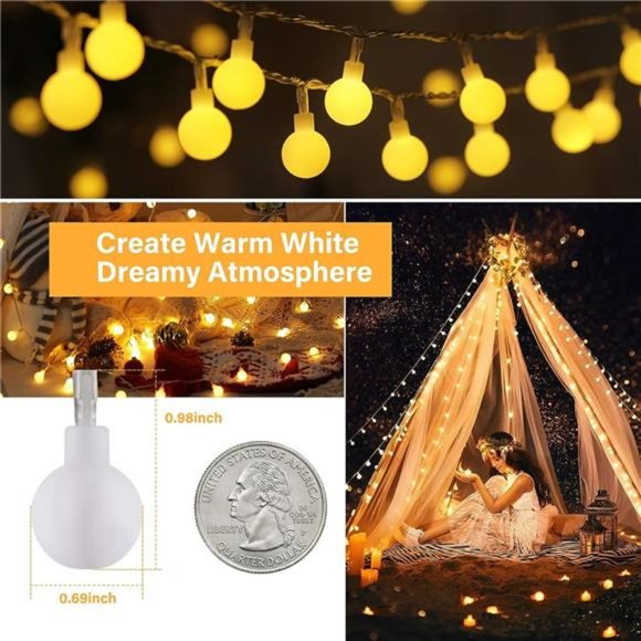 Globe String Lights, 33 Feet 100 Led Fairy Lights Plug in, 8 Modes with Remote - Picture 4 of 6
